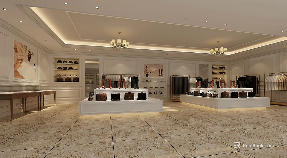 Elegant Boutique Store Interior With Display Shelves Chandeliers Marble Floor And White Counters 3d model 