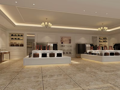 Elegant Boutique Store Interior With Display Shelves Chandeliers Marble Floor And White Counters 3d model