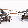 Ancient Siege Weapons With Wooden Frames Wheels Ropes And Mechanical Parts