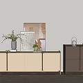 Light Beige Modern Sideboard With Decorative Vase Artwork Small Plants And Cabinet
