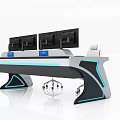 Modern Office Desk With Multiple Monitors Ergonomic Chairs And Blue Accent Lighting