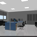 Office Interior With Blue Reception Desk Computers Office Chairs Black Sofas And Glass Cabinets 3d model
