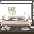Modern Minimalist Bedroom Interior With Beige Bedding Decorative Paintings And Wooden Floor Rug