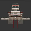 Traditional Chinese Architectural Structure With Pagoda Tower Arch Bridge And Stone Walls