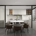 Modern Kitchen Interior Design With Round Dining Table Chairs White Cabinets And Windows 3d model