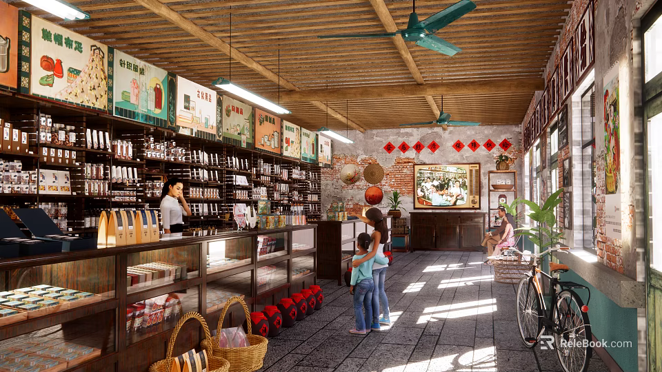 Traditional Style Store Interior With Wooden Shelves Red Lanterns Ceiling Fans and Customers Shopping 3d model 