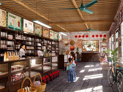 Traditional Style Store Interior With Wooden Shelves Red Lanterns Ceiling Fans and Customers Shopping 3d model