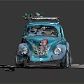 Blue Beetle Car Model With Roof Rack On Display Base And Decorative Details