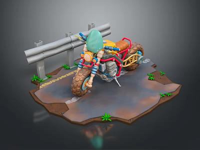 Vibrant Motorcycle with Red Seat Blue Parts on Dirt Path Near Guardrail and Small Plants 3d model