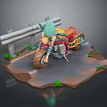 Vibrant Motorcycle with Red Seat Blue Parts on Dirt Path Near Guardrail and Small Plants