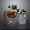 Vintage Office Desk Setup With Old Computer Desk Lamp Printer Books And Wooden Chair