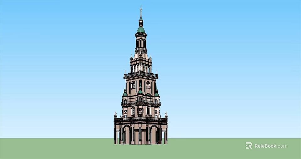 Classical Tower With Green Spire Cross And Arched Windows Against Blue Sky 3d model 