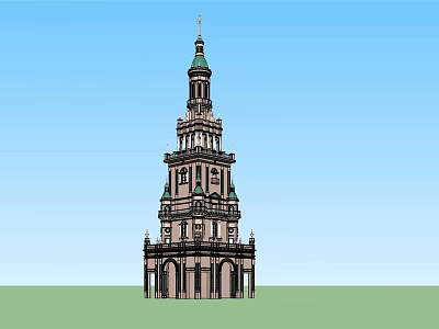Classical Tower With Green Spire Cross And Arched Windows Against Blue Sky 3d model
