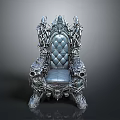 Ornate Metallic Throne Chair With Intricate Carvings And Tufted Upholstery