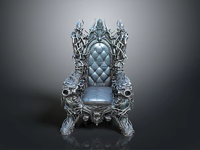 Ornate Metallic Throne Chair With Intricate Carvings And Tufted Upholstery 3d model