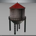 Water Tower Equipment With Red Roof Beige Body And Green Support Legs