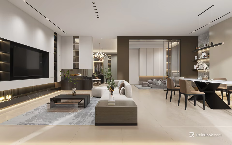 Modern Open Living Dining Room Interior Design With Sofa Dining Table And Pendant Lights 3d model 