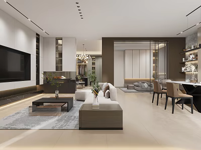 Modern Open Living Dining Room Interior Design With Sofa Dining Table And Pendant Lights 3d model