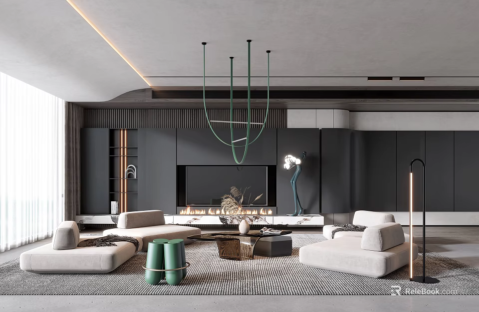 Modern Living Room Interior with Green Chandelier Beige Sofa Dark Cabinet Floor Lamp and Rug 3d model 