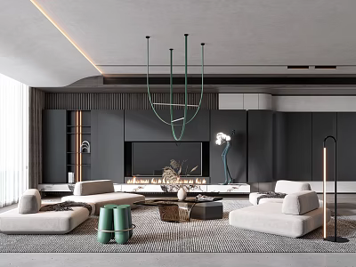 Modern Living Room Interior with Green Chandelier Beige Sofa Dark Cabinet Floor Lamp and Rug 3d model