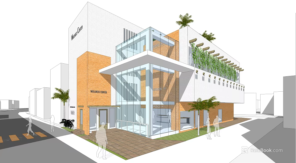 Modern Office Building Exterior With Glass Facade Orange Brick Walls Greenery And Palm Trees 3d model 