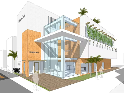 Modern Office Building Exterior With Glass Facade Orange Brick Walls Greenery And Palm Trees 3d model