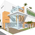 Modern Office Building Exterior With Glass Facade Orange Brick Walls Greenery And Palm Trees