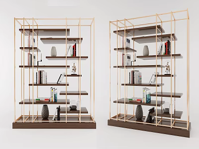 Modern Minimalist Bookcase With Gold Frame And Dark Wooden Shelves 3d model