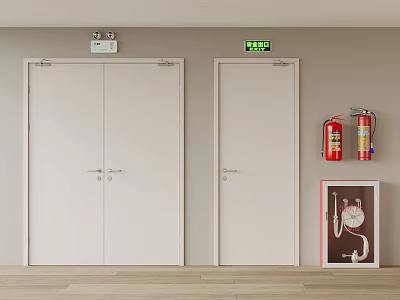Safety Exit Doors With Fire Extinguisher And Emergency Poster On Wall 3d model