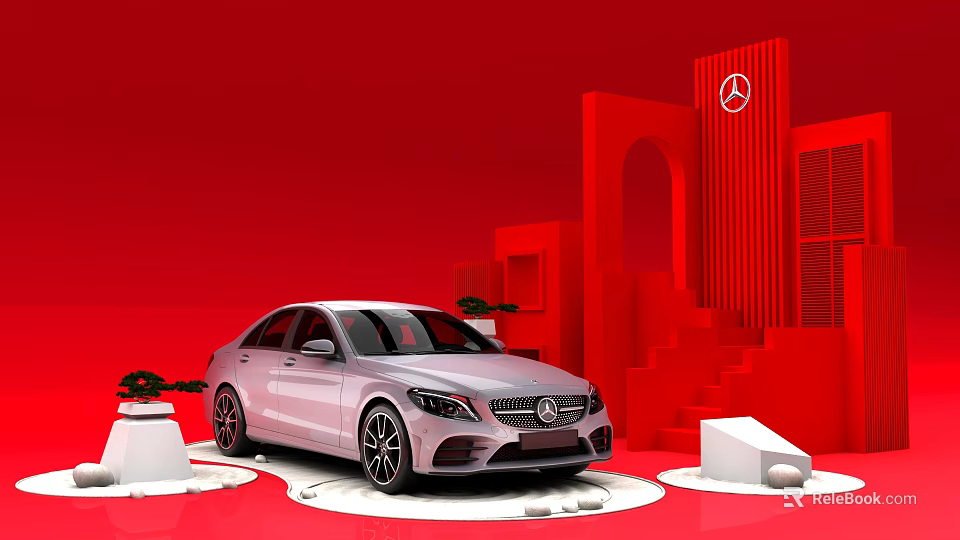 Silver Mercedes Benz Sedan On Red Background With Geometric Structures 3d model 