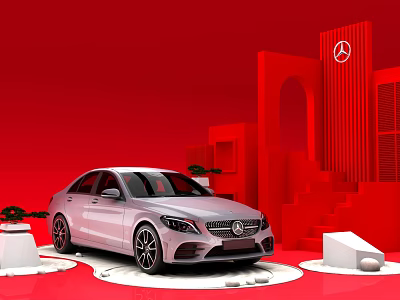 Silver Mercedes Benz Sedan On Red Background With Geometric Structures 3d model