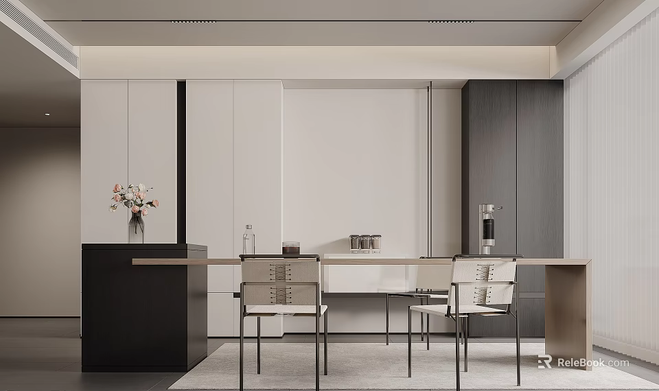 Modern Restaurant Interior With Open Layout Dining Table Chairs Cabinets And Flower Vase 3d model