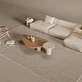 Cream Style Sofa Shaped Solid Wood Coffee Table Round Table Side Table Rattan Folding Leisure Chair Backrest Chair Fabric Pillow Square Carpet 3d model