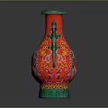 Traditional Chinese Red Vase With Intricate Dragon Patterns And Green Accents