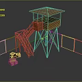 Wooden Watchtower Structure With Staircase Elevated Platform Fence And Storage Crates