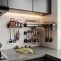 Modern Kitchen Interior With Wall Cabinets Holding Spice Bottles And Kitchen Utensils