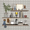 Decorative Ornament Set on Shelves with Plant Sculptures Vases Books Against Grid Patterned Wall