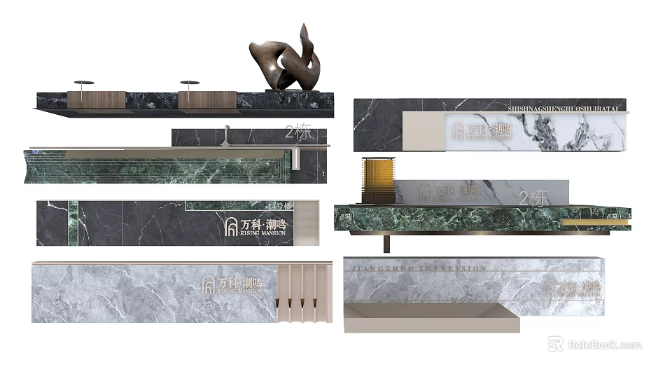 Black Green White Marble Decorative Strips With Stone Signage And Text 3d model 