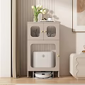 Modern Storage Cabinet with Glass Doors and Gold Handles Holding Vase with Flowers and White Appliance