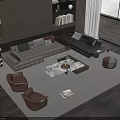 Modern Sectional Sofa And Coffee Table Set With Brown Armchairs Bookshelf And Floor-to-Ceiling Window