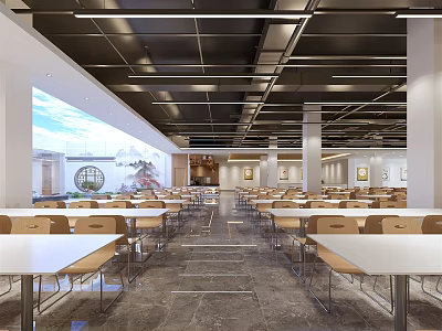 Spacious Cafeteria Interior with White Tables and Brown Chairs Neatly Arranged in Bright Open Space 3d model