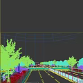 Urban Road Infrastructure with Traffic Lanes Vehicles Green Belts Street Lamps and Guardrails