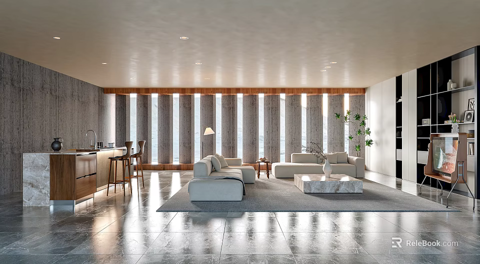 Modern Open Concept Living Dining Room With Sofa Coffee Table And Large Windows 3d model 