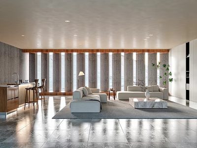 Modern Open Concept Living Dining Room With Sofa Coffee Table And Large Windows 3d model