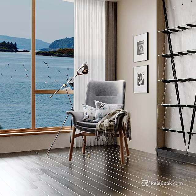 Cozy Indoor Scene With Gray Armchair Floor Lamp And Sea View Through Window 3d model 