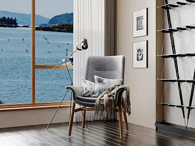 Cozy Indoor Scene With Gray Armchair Floor Lamp And Sea View Through Window 3d model