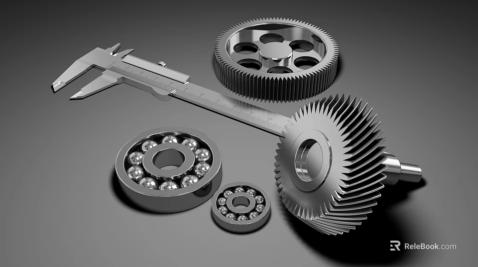 Mechanical Parts Display With Gears Bearings And Calipers On Gray Background 3d model 