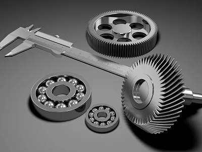 Mechanical Parts Display With Gears Bearings And Calipers On Gray Background 3d model