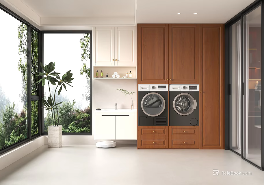 Home Balcony Interior Design With Washing Machine Dryer Cabinets And Green Plants 3d model 