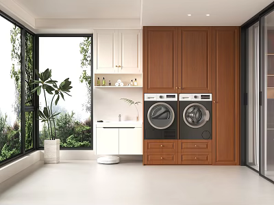 Home Balcony Interior Design With Washing Machine Dryer Cabinets And Green Plants 3d model